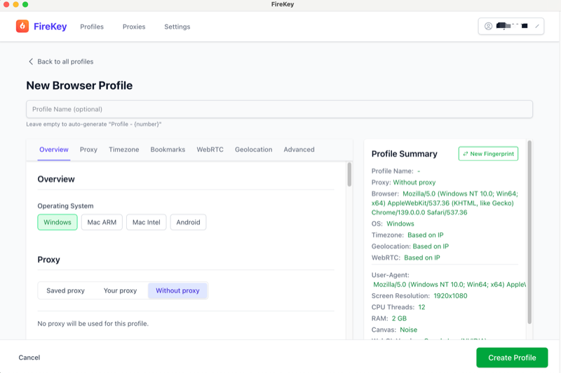 Browser Profile Creation Interface