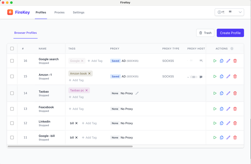Browser Profiles Management Interface